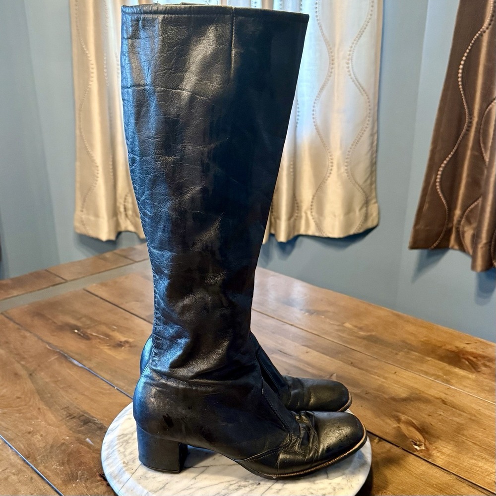 VTG 60s MCM Mod Black Leather Zip GoGo Boho Hippie Hipster Beatnik Boots Sz 7